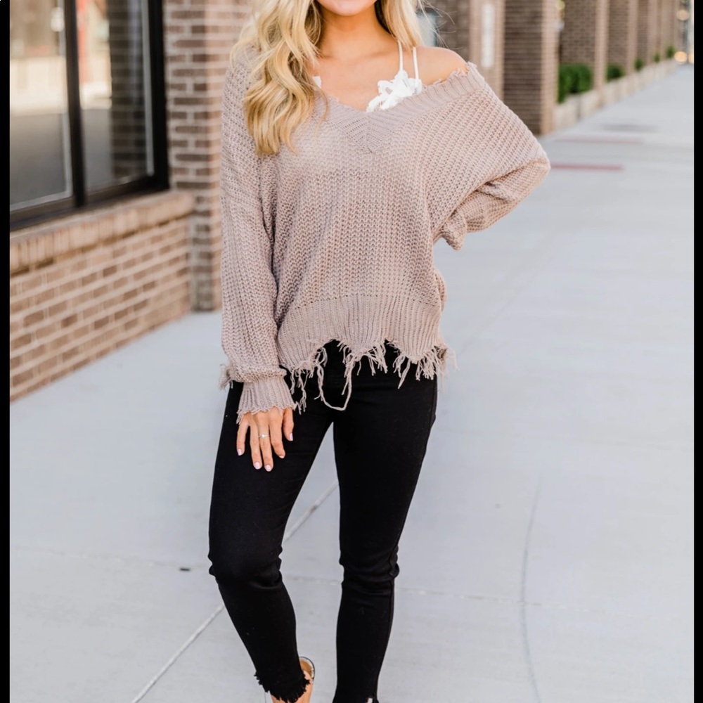 Commitment To Cool Taupe Distressed Sweater